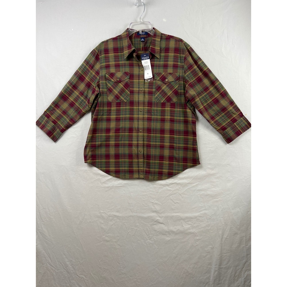 Chaps Plaid Button Down Shirt Womens XL Burgundy Green 3/4 Sleeve Cotton Top